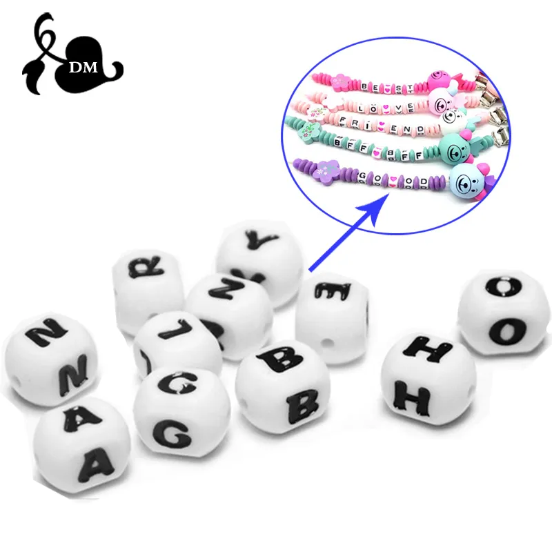 Silicona 26 letras inglesas cuentas de grado alimenticio pulsera de bebé masticar joyería DIY mordedores collar chupete Clip