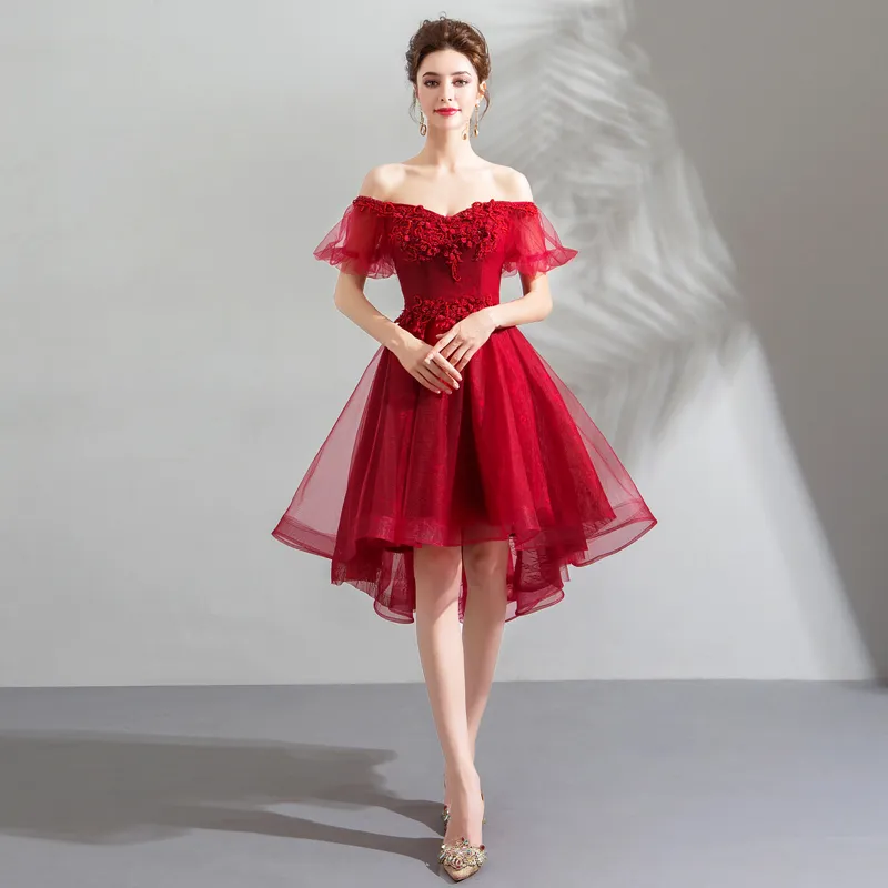 Red Wine -Shoulder Prom Dance Red Sses with Pliqued E and High-Low Hemline - Custom Made for Graduation, Elegant Evening Gown with Backless