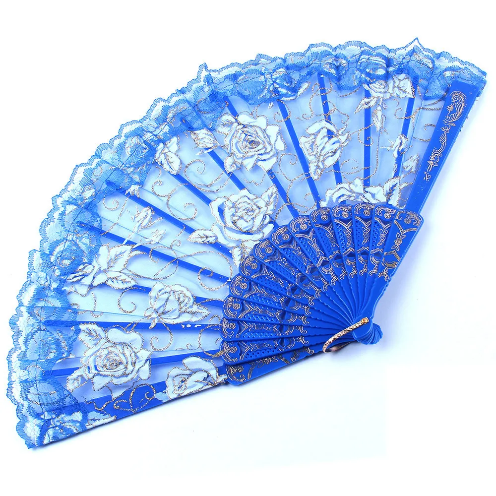 Stile spagnolo Rose Flower Design Flash Plastic Silk Hand Fan, ventola pieghevole cinese Craft 2022