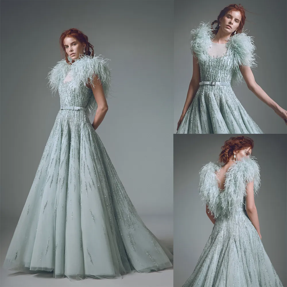 Zuhair Murad Robes De Soirée 2020 Dentelle Appliques Plume Robes De Bal Sur Mesure Dos Nu Étage Longueur Plus La Taille Robe Occasion Spéciale