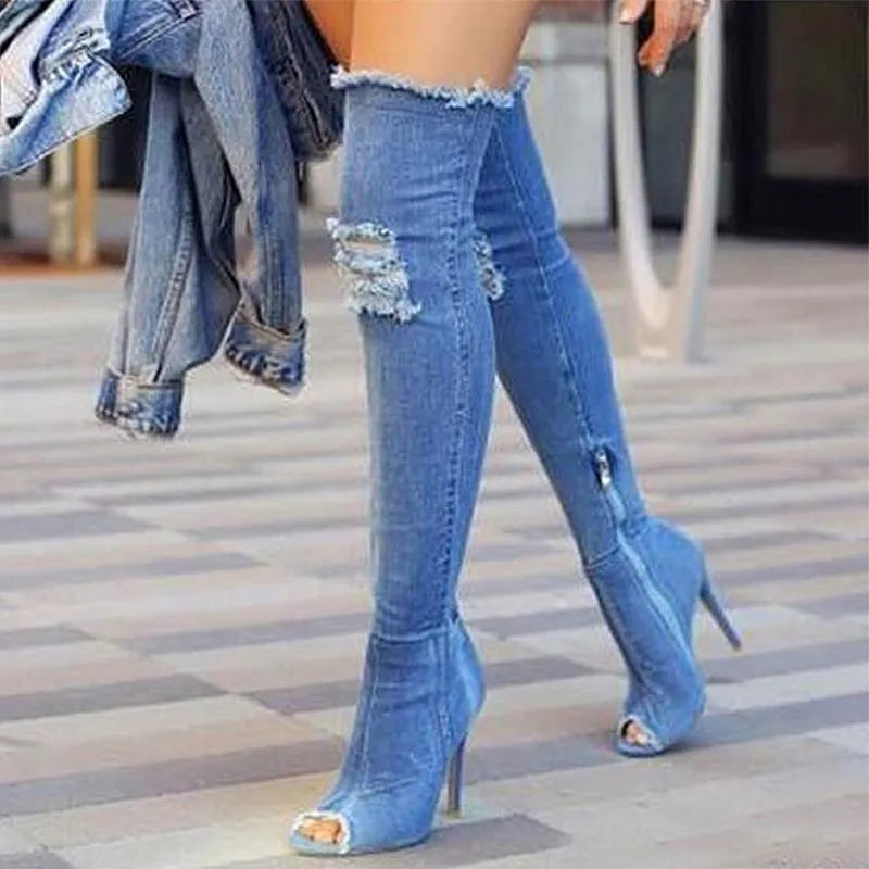 섹시한 부츠 여성 허벅지 높은 부츠 무릎 높은 Bottes 들여다 발가락 펌프 구멍 블루 힐 지퍼 데님 청바지 신발 Botas Mujer