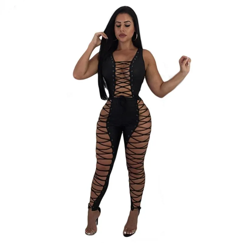 Adogirl Sexy Gromment Lace Up PU Jumpsuit Women Vintage Sleeveless Leather Pencil Pants Bodycon Jumpsuit Body Club Outfit Romper