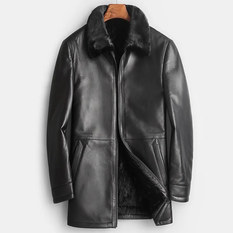 Lång Läder Trench Coat Men Shearling Coats Vinter Leather Jackor Natural Mink Fur Jackor Tjockering Varm Hög kvalitet