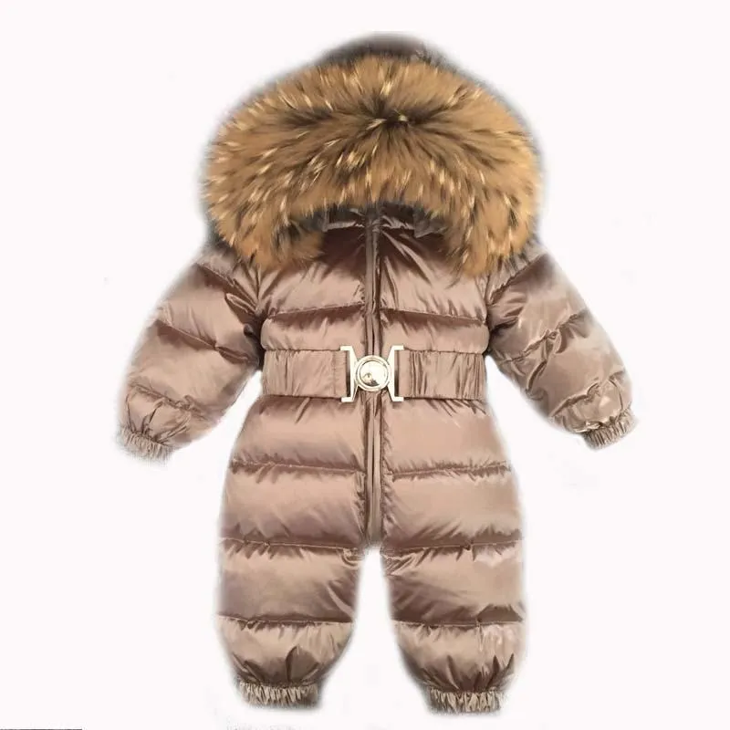 1 ~ 5 Jahre Russisch Neugeborenes Baby-Mädchen-Winter-Raccon realer Pelz unten Body Jungen SäuglingsOnesie Bebe Snowsuit Skisuit Kinder Catsuit