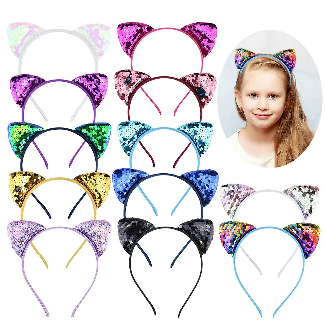 12pcs Glitter Sequins Cat Ear Girl Hairband Headband Hair Hoop For Girls Women Cat Ear Hair Bands Halloween Headdress Gifts