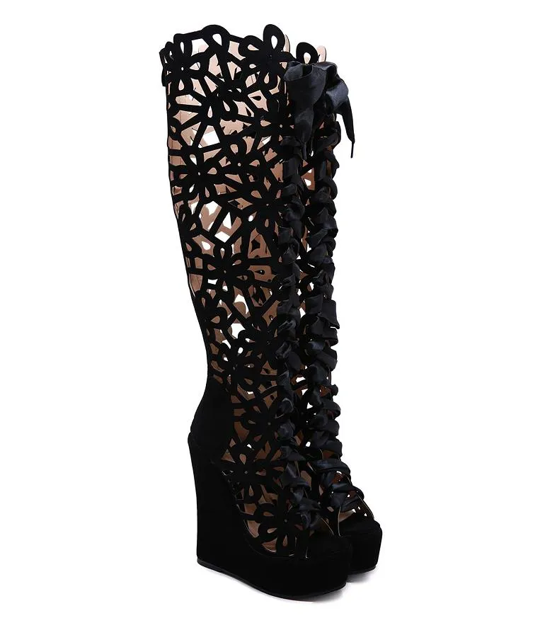 Plus size 32 33 a 40 41 42 strass preto escavar dedo aberto sobre as botas no joelho moda feminina de luxo designer sapatos