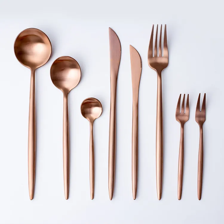 Rose Gold Dinnerware Set Talheres Faca Faca Colher Matte Ocidental Metal Aço Inoxidável Jantar Tailware