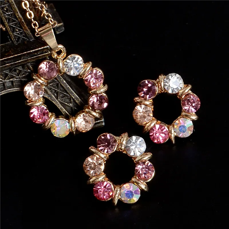 Colorful Austria Crystal Rhinestone Circles Pendant Gold Jewlery Sets Choker Necklace Opal Stone Stud Earrings Women Wedding