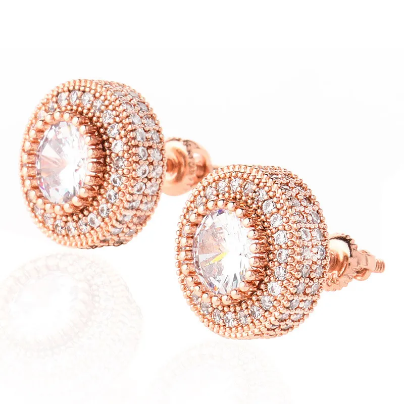 18k Guld Iced Out Shining Rose Gold Color Round Studörhängen för kvinnor Män mode kubiska zirkoniumörhängen lyxdesigner239m