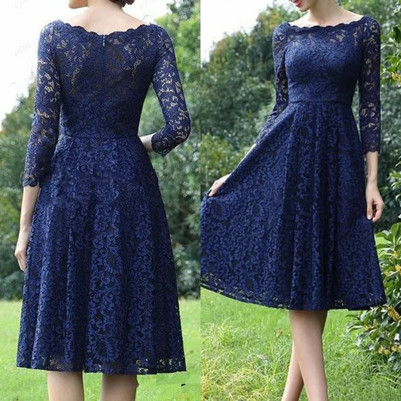 Upadek 2019 Nowy Design Matka panny Młodej Suknie Z Rękawem Zgrzebkowy Neckline Boat Długość Linia Długość Blue Lace Wedding Guest Dress