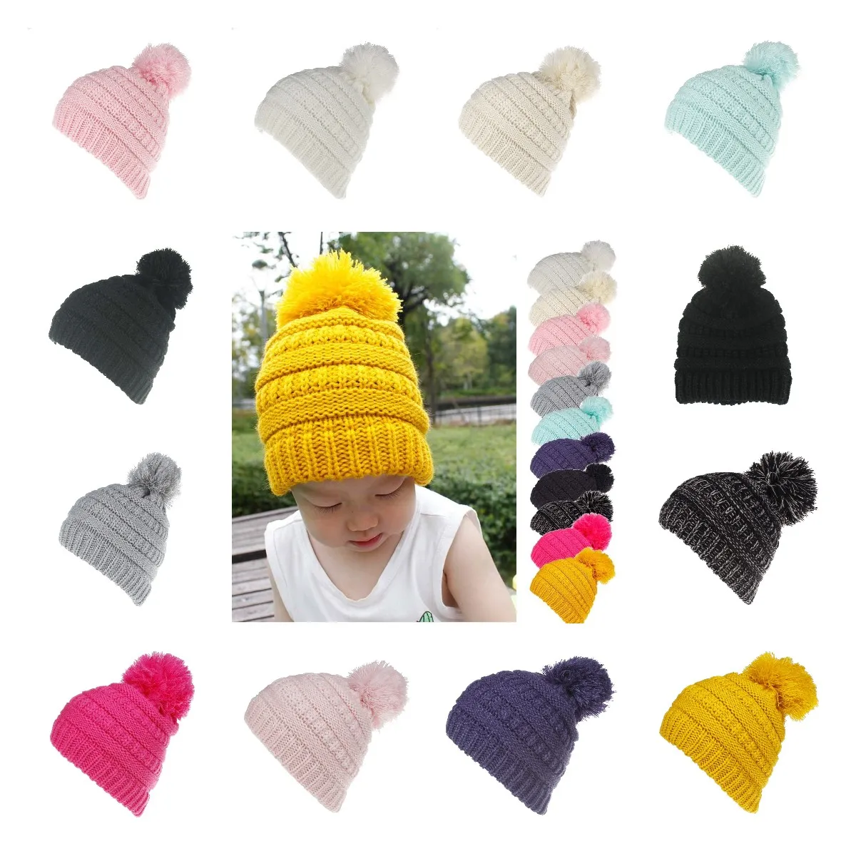 Pompom Gorro de bebé recién nacido Gorro de punto Sombreros de invierno cálidos para niños Sombreros de moda Gorros de piel de punto de invierno Gorros holgados al aire libre KKA7525