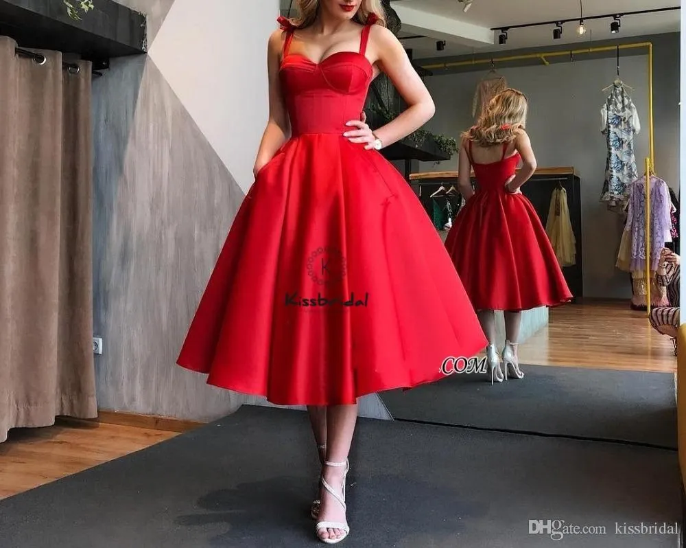 Élégante simple chérie rouge courte robes de bal thé longueur robe de bal robes de soirée formelles robe de soirée cocktail robes de soirée￩e