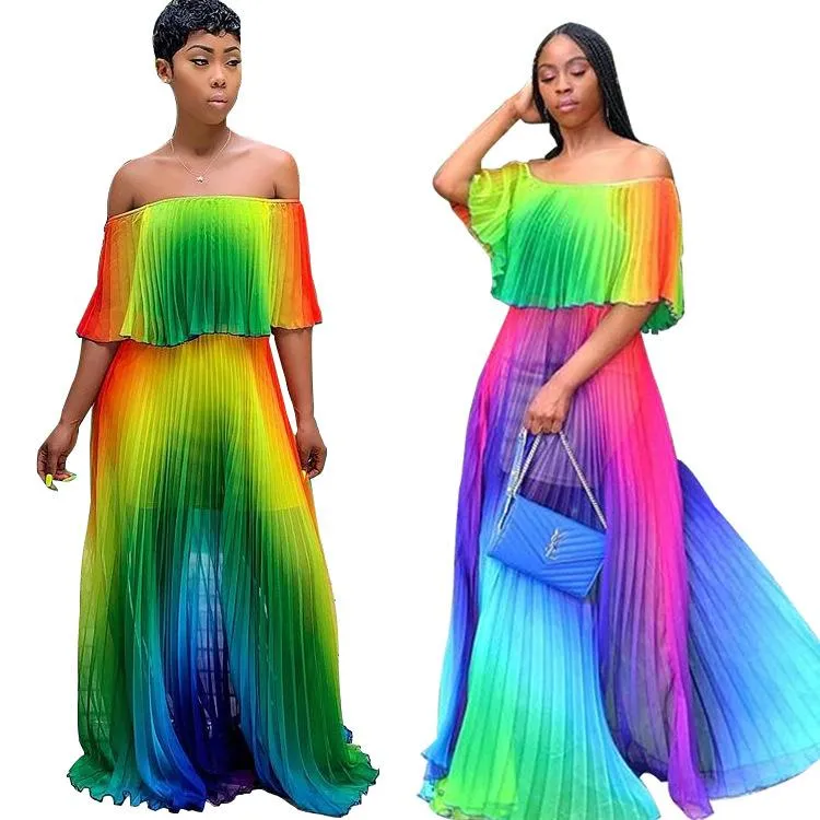 Femmes plage Gradient Tie Dye Print Murffon Off Baptillage Garnière Maxi Robe plissée sexy Sexy Boho Long Robes Purple