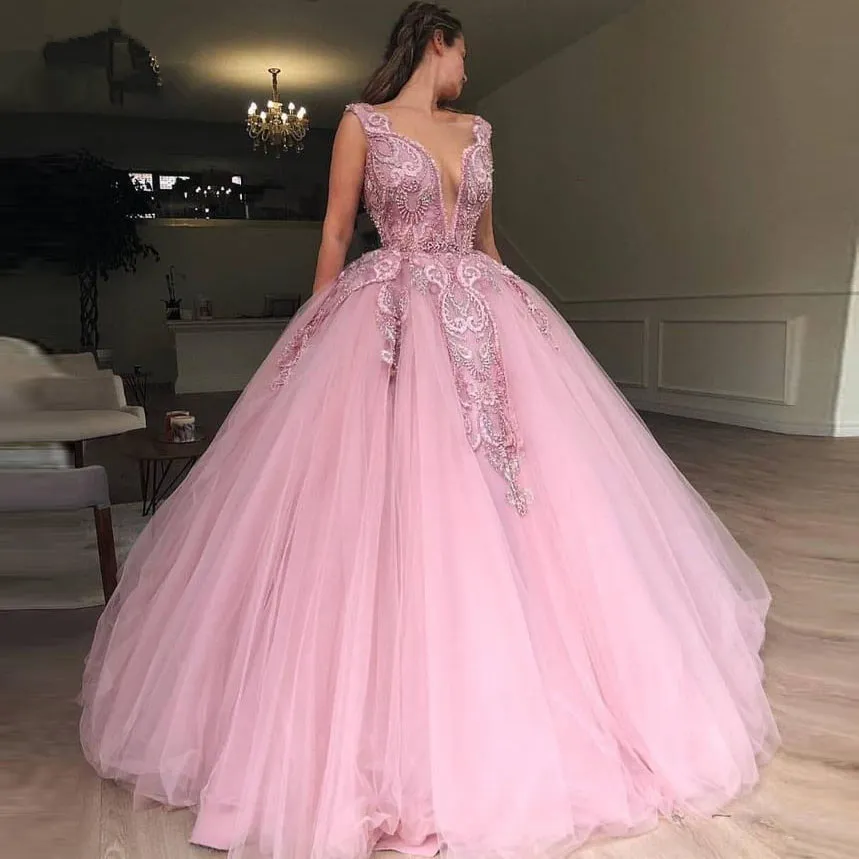Charming Pink Tulle Ball Gown Pink Prom Dresses 2021 With Heavy
