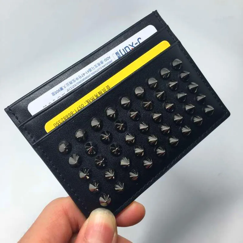 古典的な黒純正レザークレジットカードホルダー財布パーソナリティファッションリベットIDカードケース財布男性2019スリムコインポーチバッグ