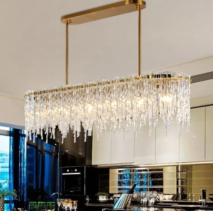 Gouden luxe ontwerp Rechthoekige kroonluchters AC110V-220V Clear Glas LED Hanglamp Eetkamer Woonkamer Opknoping Lichten Verlichtingsarmatuur