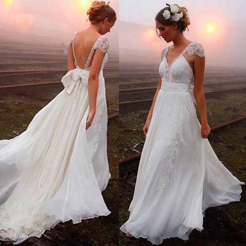 Sexy Backbloble Chiffon Свадебное платье Линия 2021 Кружева Аппликация Крышка Рукав Лук BONG BOHO BEACH BRIDE Платья Страна Свадебные платья Vestido de Novia