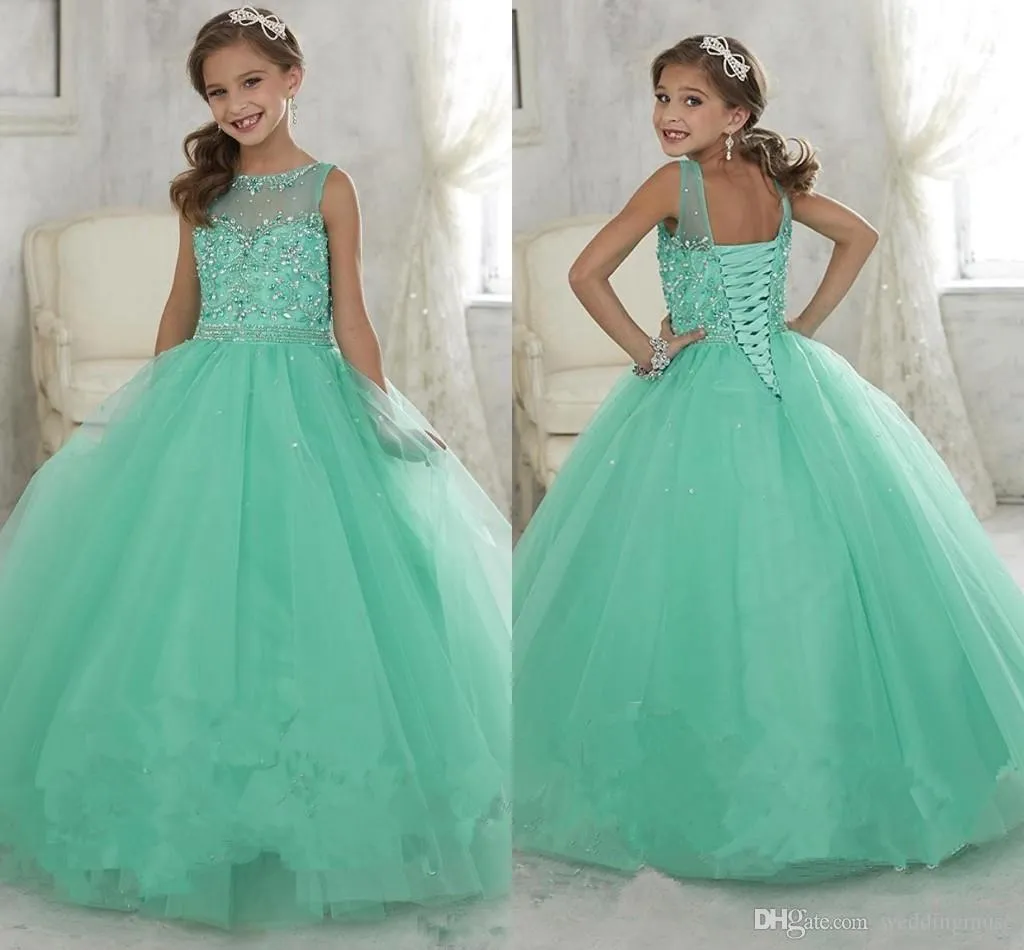 2019 carino menta verde bambina abbigliamento abiti tulle trasparente girocollo perline cristalli corsetto indietro floreale ragazze compleanno principessa abiti