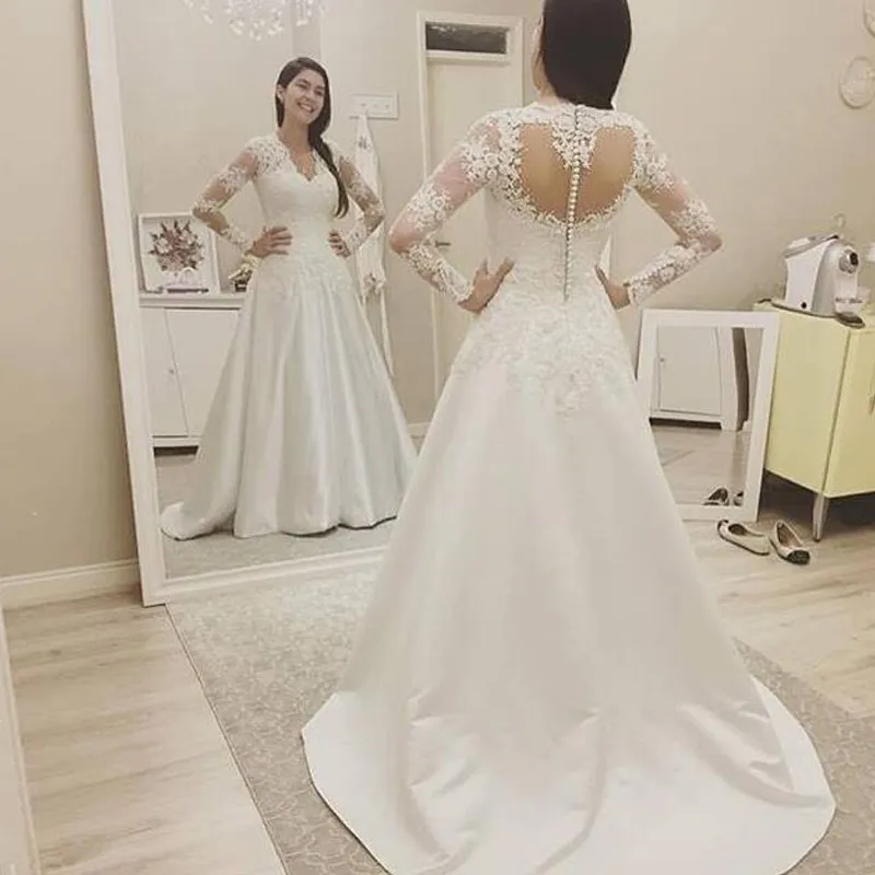 Modest A-line Wedding Dresses Illusion Long Sleeves V Neck Lace Appliques Satin Wedding Dress Heart-shaped Back Bridal Gowns Sweep Train