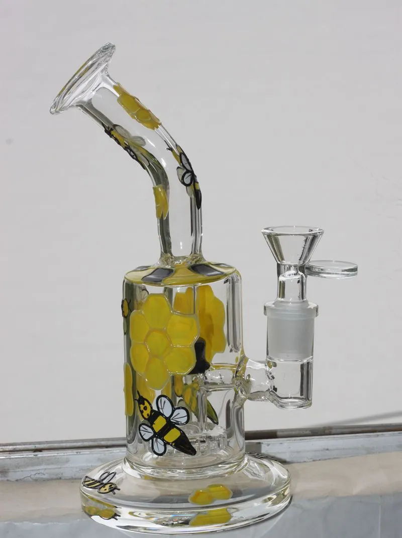 Bonito copo de vidro de abelha para cachimbos de água com chuveiro Dab Rig queimador de óleo com tigela de 14 mm para fumar chicha