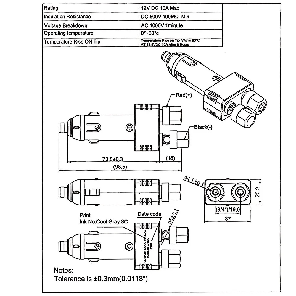 電源配線ケーブルとフリーシップ12V 10Aカーのタバコライタープラグブラックカースタイル