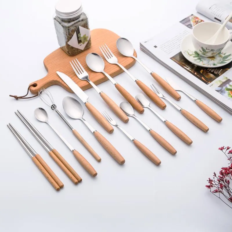 Stainless steel tableware with wooden handle knife and fork spoon dessert coffee spoon tableware tableware SZ644