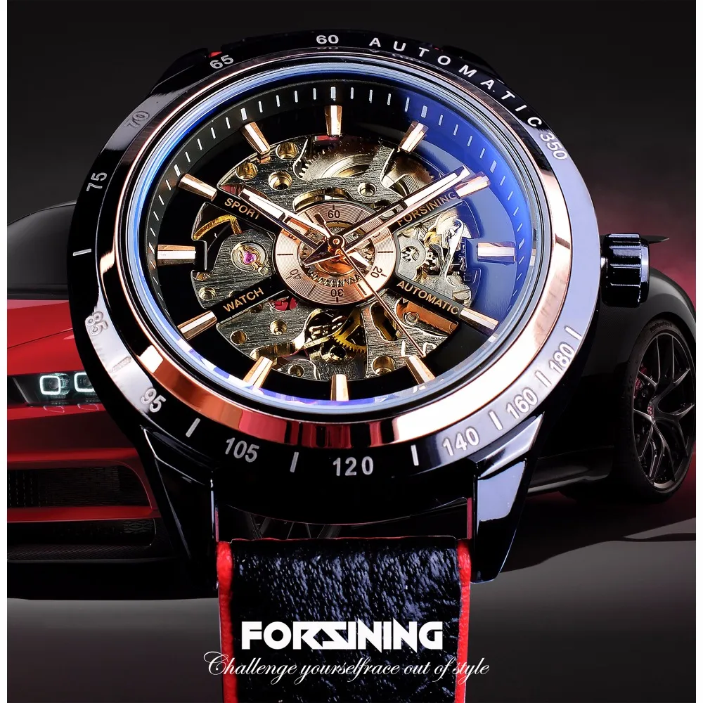 Forsining Watch Bracelet Set Combination Motorcycle Transparent Genuine Red Black Strap Skeleton Male Automatic Watches Clock203R