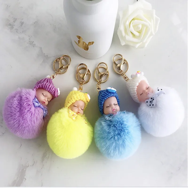 Cute Sleeping Baby Doll Keychain Bow Pompom Ball Carabiner Key Chain
