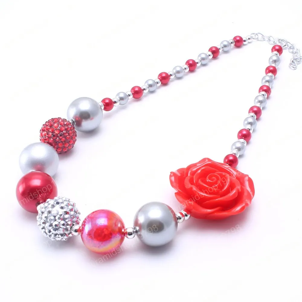 Stora blomma pärlor barn chunky halsband silve + röd färg småbarn tjejer bubblegum pärla chunky halsband barn smycken