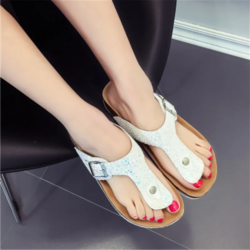 2020 New Women Cork Flip Flops Slipper Casual Summer Beach Outside Non-slip Fashion Bling Slip on Slides Shoes Gold Silver Black