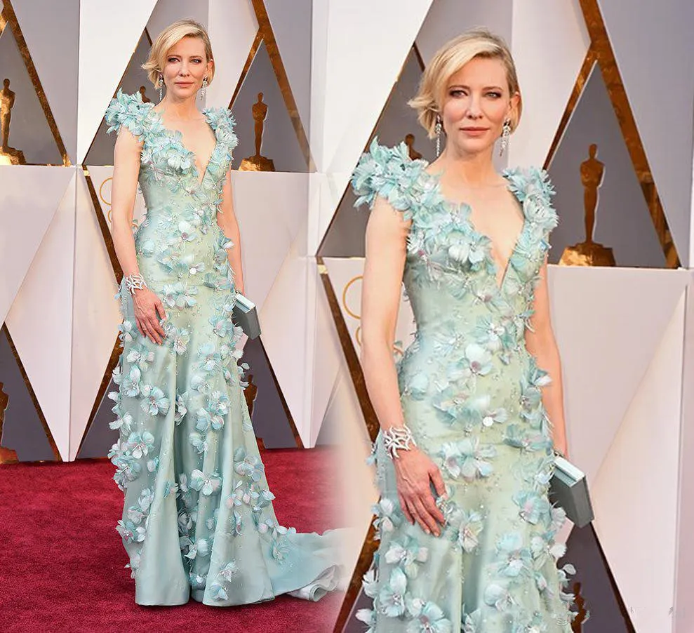 Cate Blanchett Oscar Celebrity Prom Jurken High-End Handgemaakte Bloemen Versierde Rode Tapijtjurken Sexy Deep V-hals schede Avondjurk