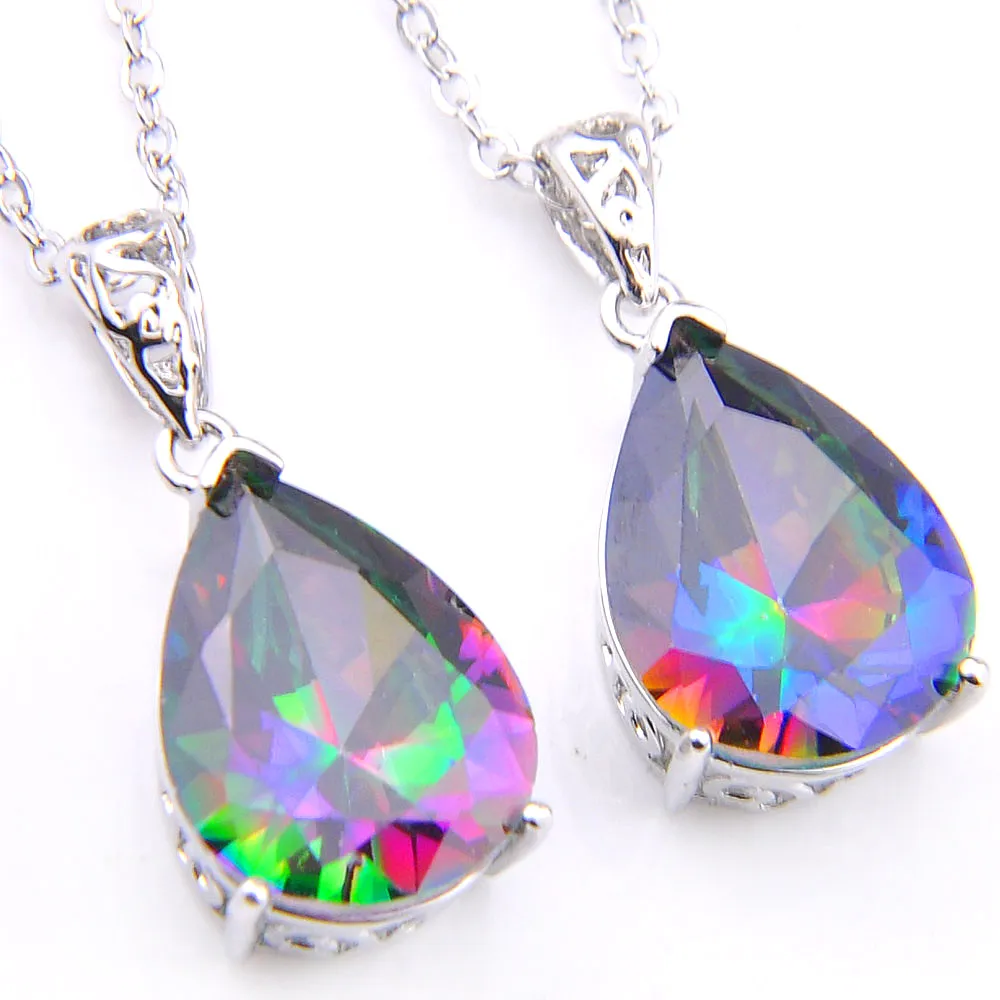 Luckyshine 12 Pcs/Lot Engagement Jewelry Water Drop Rainbow Topaz Gems 925 Sterling Silver Necklace For Women Wedding Pendants Jewelry