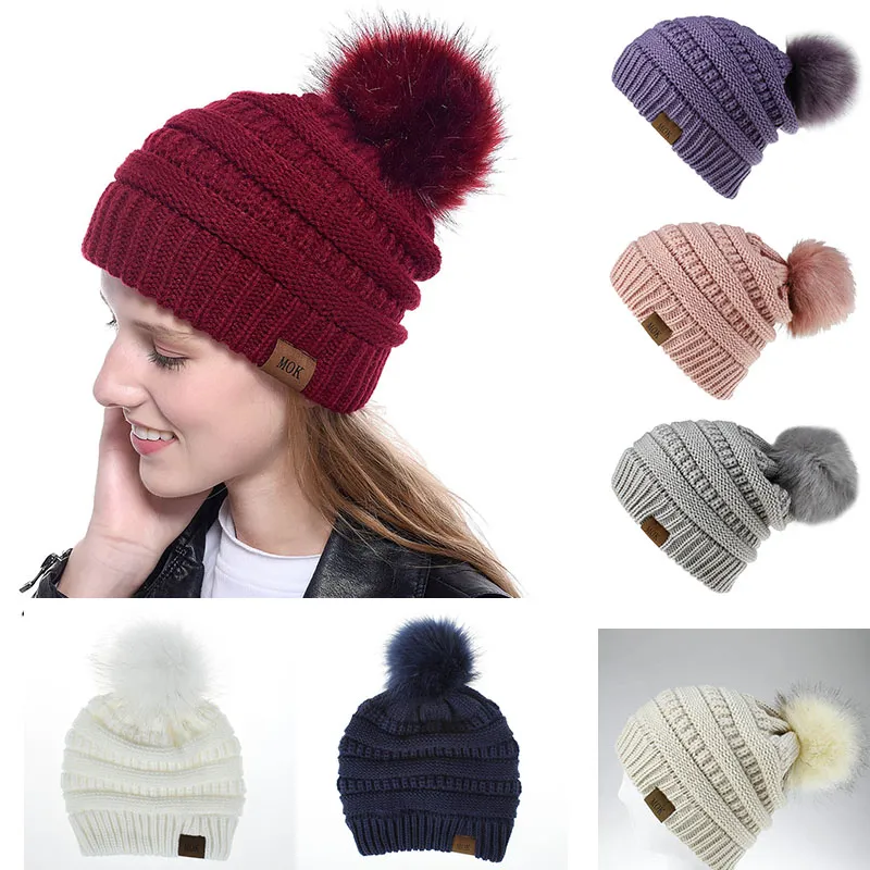 Styles Big Girls Knit Cap Kid Crochet Pom Poms Beanies Hat Fur