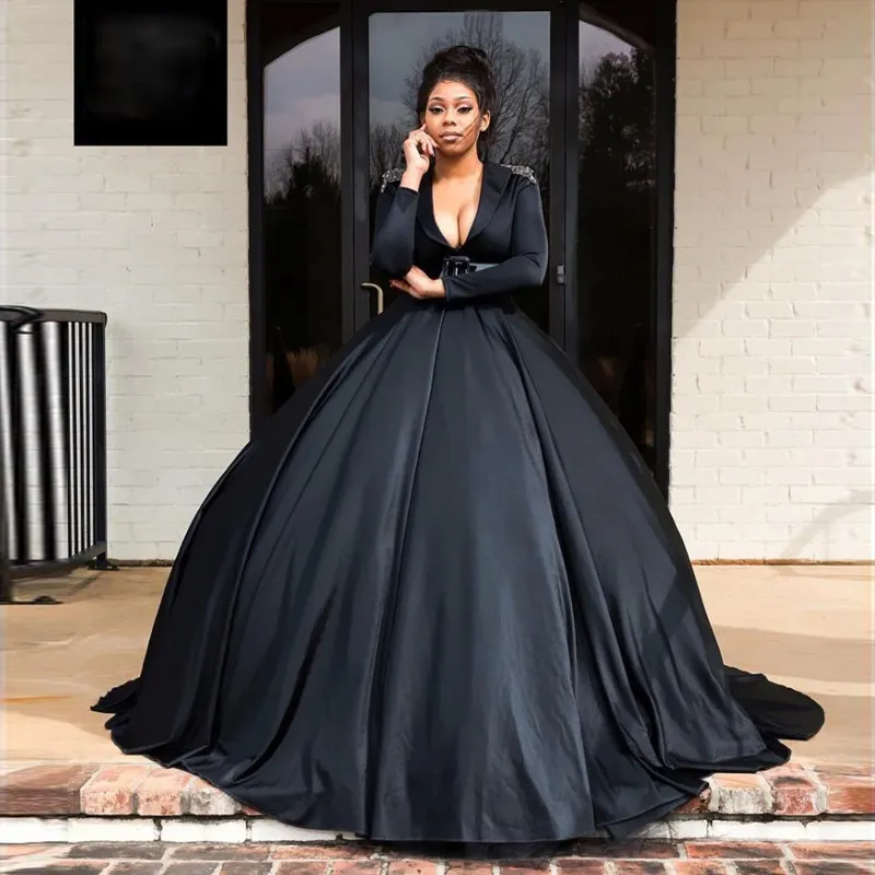 Graceful Black A Line Evening Dresses Deep V Neck Long Sleeve