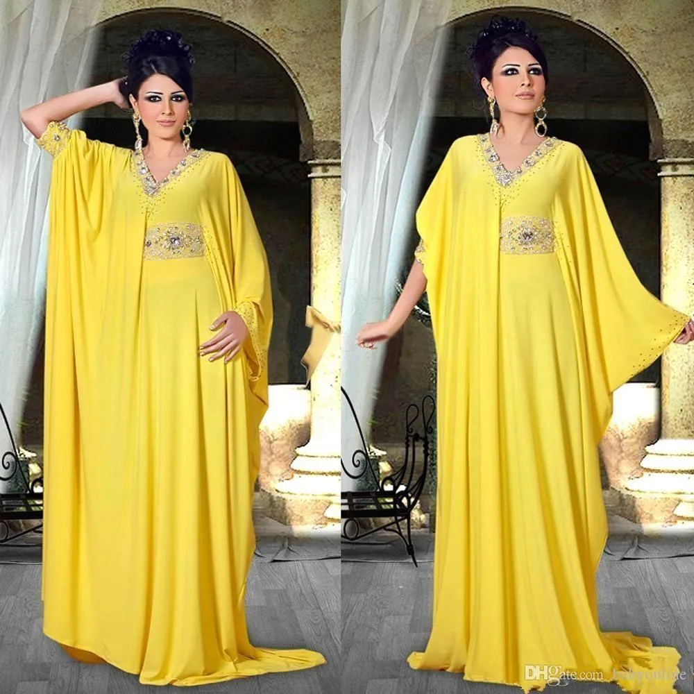 Arabic Abayas Yellow Evening Dresses with Sleeves - Elegant V-Neck Crystal  Plus Size Formal Islamic Muslim Gowns for Dubai Middle East Prom