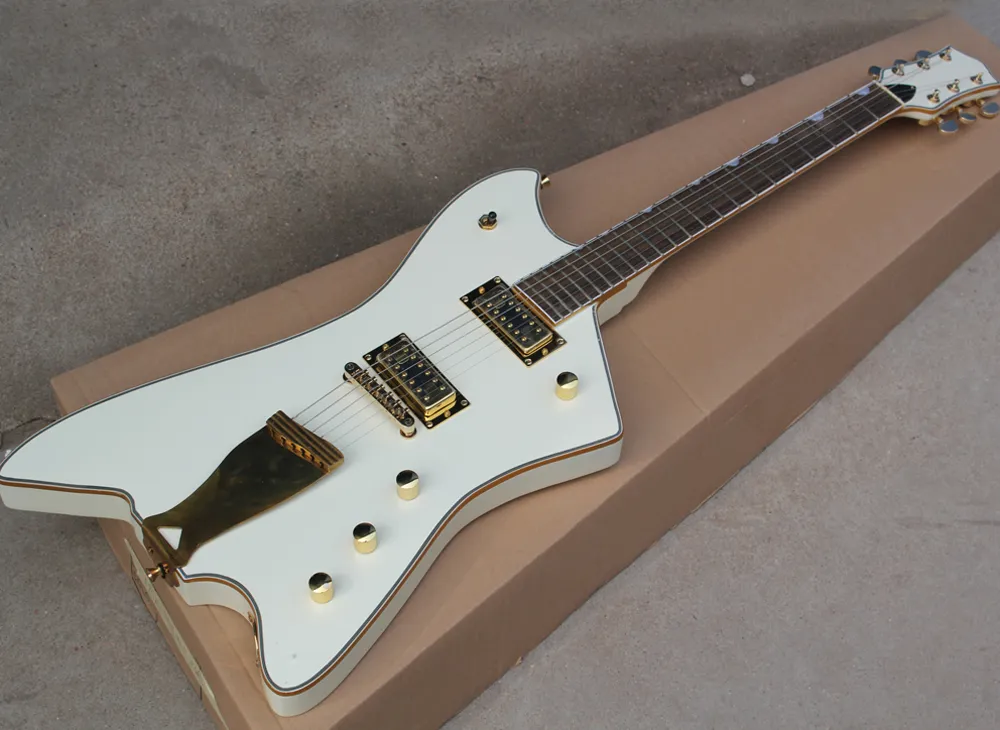 Venta al por mayor de guitarra eléctrica blanca de forma inusual con diapasón de palisandro, encuadernación dorada, herrajes dorados, se puede personalizar