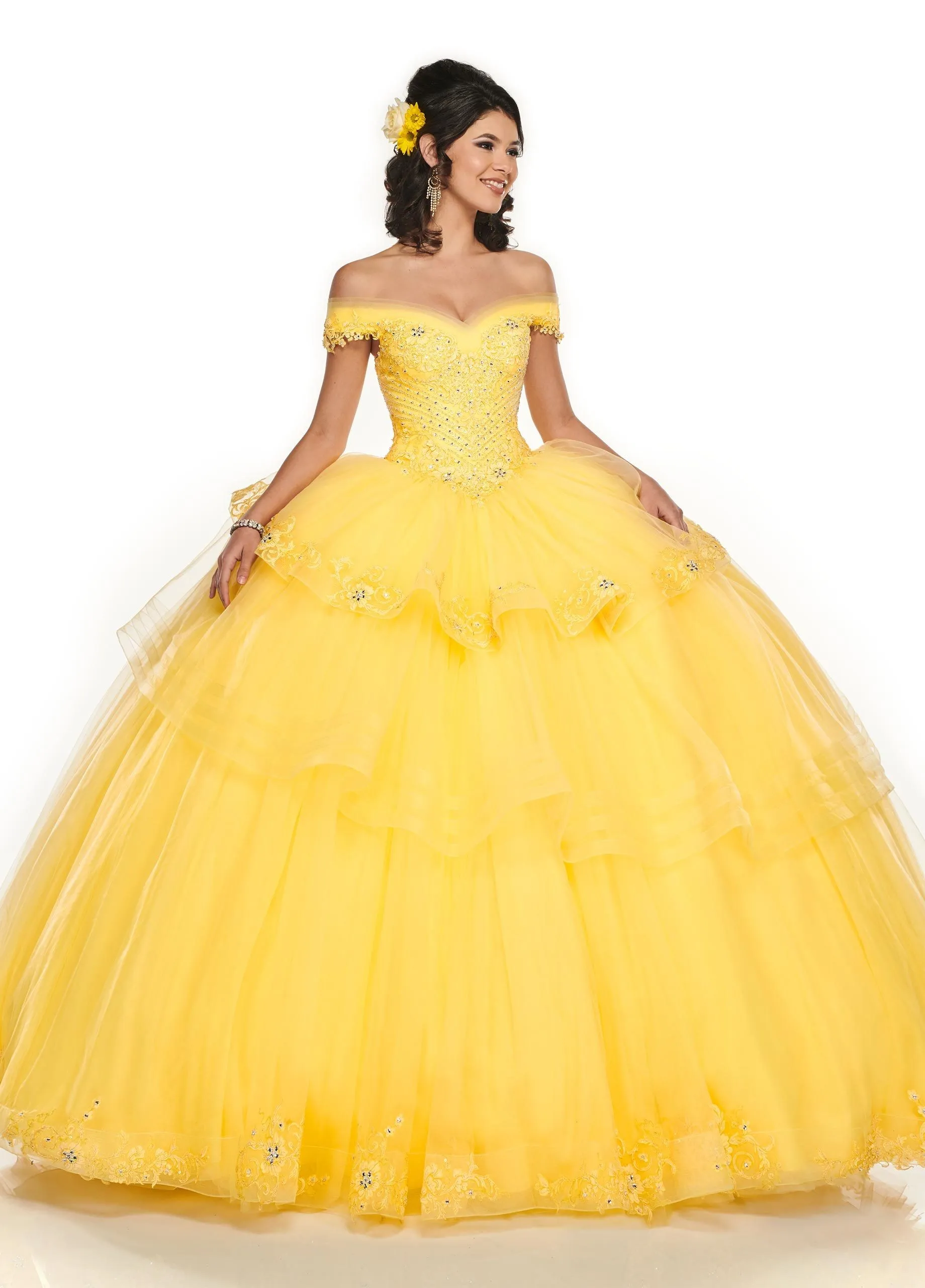 Off Shoulder Yellow Ball Gown With Tiered Skirt Embroidery