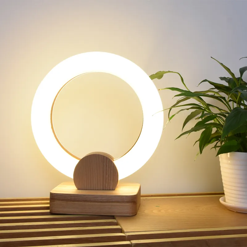 Träbasrunda LED Bordslampor Ringform Bedside Light Study Desk Lamp Creative LED sovrumslampa