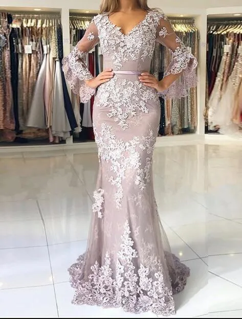 Musilm Vestidos De Noche Con Apliques De Encaje Botón Sirena Largo Elegante Vestido De Fiesta Con Cuello En V Islámico Dubai Largos Por Encargo De 93,35 € | DHgate