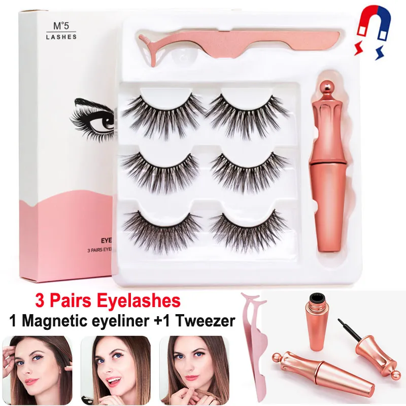 3 paires de cils magnétiques Faux cils + Eyeliner liquide + Ensemble de maquillage pour les yeux Pince à épiler Aimant 3D Faux cils Naturel réutilisable Aucune colle nécessaire Dernière mise à niveau