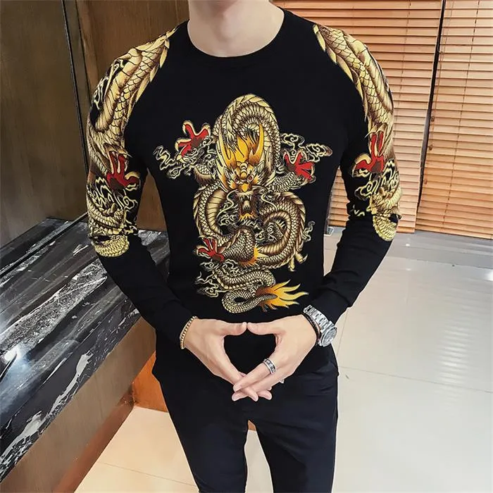 Nouveau pull à capuche pour hommes vêtements or dragon imprimé hommes pull erkek kazak club fête scène mâle trui heren