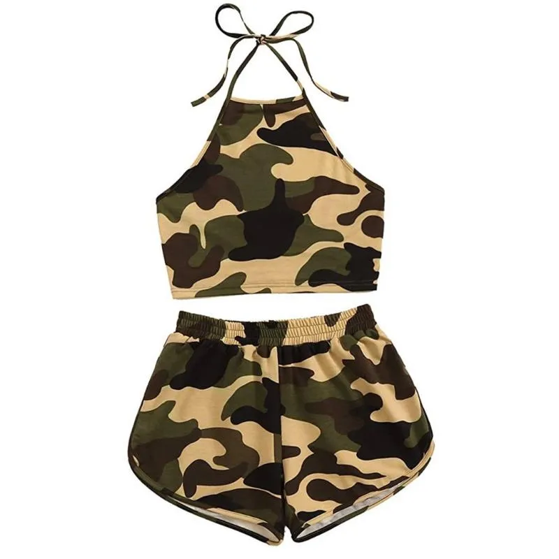 Camouflage Strappy Two Piece Set For Women Short Top Line And Pants Suit,  Sleeveless Outfit, Conjunto Deportivo Mujer From Yuedanya, $15.9