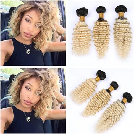 # 1b / 613 Blonde Ombre Diepe Wave Braziliaanse Menselijk Haar Weave Bundels 3 stks Lot Ombre Blonde Diepe Golf Krullend Maagd Haar Weefs Extensions