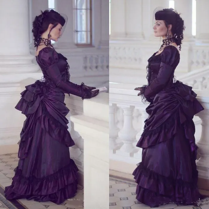 Victorian Gothic Lila Bröllopsklänningar Royal House Ball Duchess Bröllopsklänningar Långärmad Snörning Ruched Renaissance Aristocracy Dress