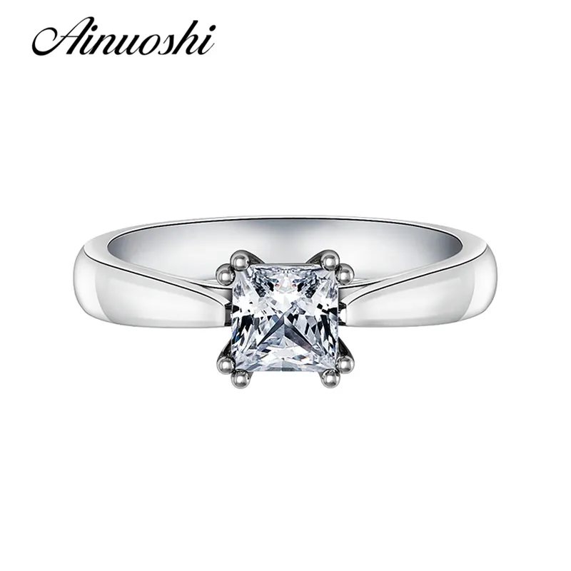 Ainuoshi Classic Princess Cut Square Wedding Pierścień Kobiety Dostosowane 925 Sterling Silver Solitaire Ring Akcesoria do zaangażowania Y200106