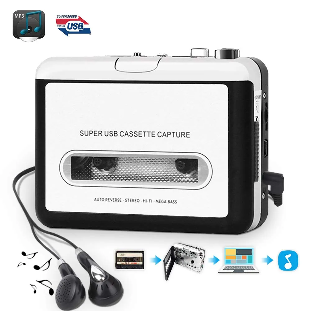 Convertitore da cassetta a MP3 aggiornato Riproduttore di cassette USB da nastri a MP3 o file digitali per laptop PC Audio Music Capture Recorder Walkman