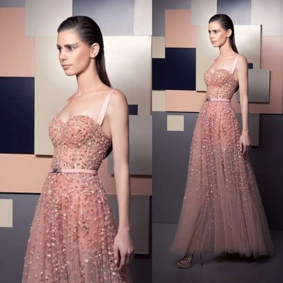 2019 Ziad Nakad Prom Jurken Sexy Spaghetti Bandjes Kant Beaded Crystal A Line Avondjurk Aangepaste Speciale Gelegenheden