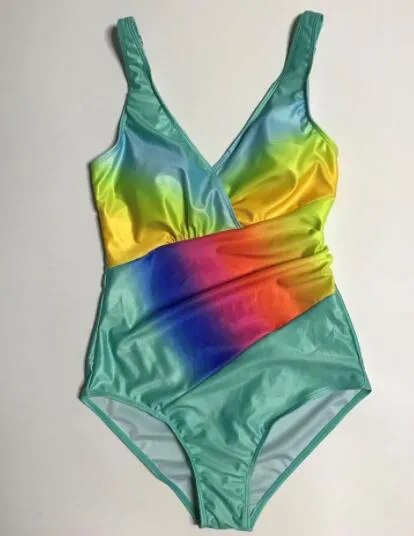 Discount Big bathing suits Swimwear Bikini rainbow gradient fat woman plus size fat woman one piece swimwear high waist 2019 Bikini Set wear