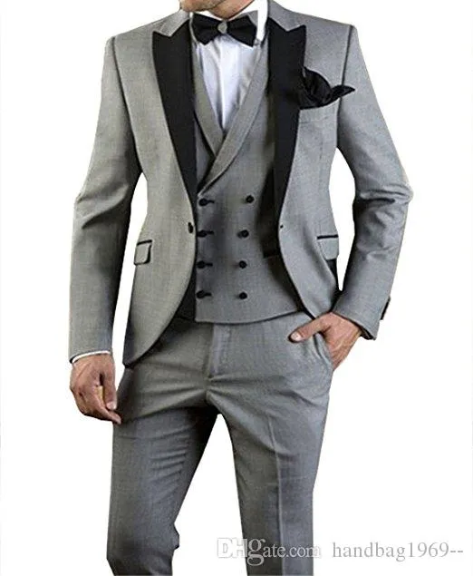 Laatste ontwerp één knop lichtgrijs bruidegom smoking piek revers groomsmen beste man heren bruiloft pakken (jas + broek + vest + tie) D: 265