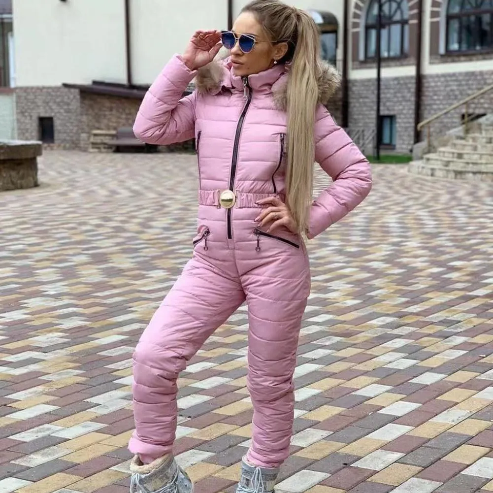 Winter Hooded Jumpsuits Elegant Cotton Padded Warm Ski Suit Straight Zipper Women Casual Tracksuits High Quality Winter Outwear